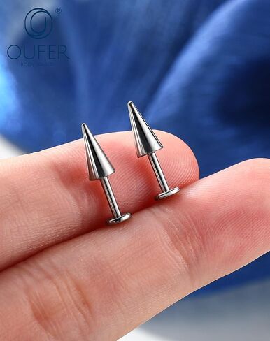مجوهرات OUFER Vertical Labret Lip Jewelry 16G Spike Flact Back Vertical Helix Piercing Jewelry، قطعتان G23 من التيتانيوم الصلب ملولبة داخليًا ثقب غضروف الشفاه للنساء والرجال in Saudi Arabia