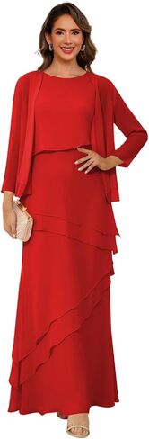 Women’s 2 Pieces Chiffon Mother of The Bride Dress with Long Sleeve Jacket Long Formal Dress with Ruffles LIN014 in Saudi Arabia