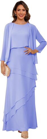 Women’s 2 Pieces Chiffon Mother of The Bride Dress with Long Sleeve Jacket Long Formal Dress with Ruffles LIN014 in Saudi Arabia