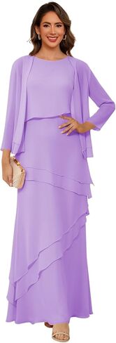 Women’s 2 Pieces Chiffon Mother of The Bride Dress with Long Sleeve Jacket Long Formal Dress with Ruffles LIN014 in Saudi Arabia