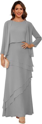 Women’s 2 Pieces Chiffon Mother of The Bride Dress with Long Sleeve Jacket Long Formal Dress with Ruffles LIN014 in Saudi Arabia
