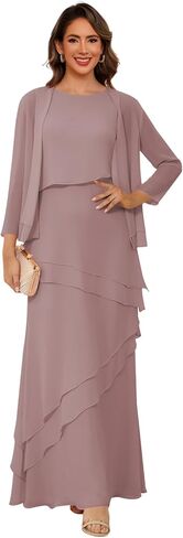 Women’s 2 Pieces Chiffon Mother of The Bride Dress with Long Sleeve Jacket Long Formal Dress with Ruffles LIN014 in Saudi Arabia