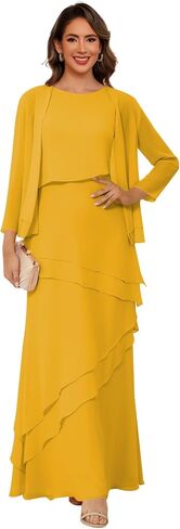 Women’s 2 Pieces Chiffon Mother of The Bride Dress with Long Sleeve Jacket Long Formal Dress with Ruffles LIN014 in Saudi Arabia