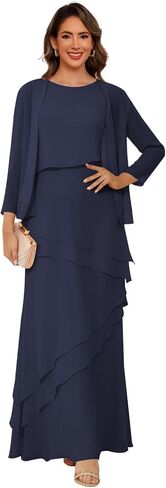 Women’s 2 Pieces Chiffon Mother of The Bride Dress with Long Sleeve Jacket Long Formal Dress with Ruffles LIN014 in Saudi Arabia