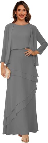 Women’s 2 Pieces Chiffon Mother of The Bride Dress with Long Sleeve Jacket Long Formal Dress with Ruffles LIN014 in Saudi Arabia