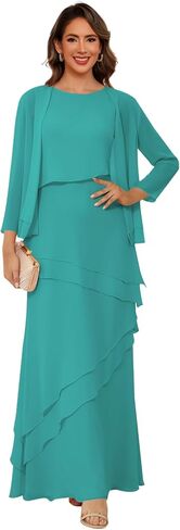 Women’s 2 Pieces Chiffon Mother of The Bride Dress with Long Sleeve Jacket Long Formal Dress with Ruffles LIN014 in Saudi Arabia