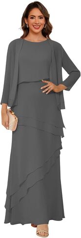 Women’s 2 Pieces Chiffon Mother of The Bride Dress with Long Sleeve Jacket Long Formal Dress with Ruffles LIN014 in Saudi Arabia