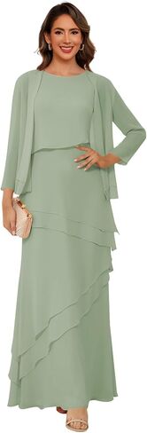 Women’s 2 Pieces Chiffon Mother of The Bride Dress with Long Sleeve Jacket Long Formal Dress with Ruffles LIN014 in Saudi Arabia
