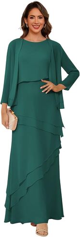 Women’s 2 Pieces Chiffon Mother of The Bride Dress with Long Sleeve Jacket Long Formal Dress with Ruffles LIN014 in Saudi Arabia