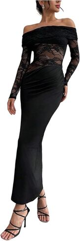 GORGLITTER Women's Lace Off The Shoulder Patchwork Maxi Dress Elegant Classy Fall Festival Y2K Long Sleeve Gothic Dress in Kuwait
