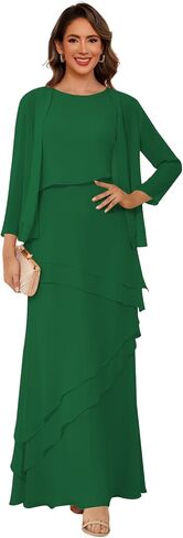 Women’s 2 Pieces Chiffon Mother of The Bride Dress with Long Sleeve Jacket Long Formal Dress with Ruffles LIN014 in Saudi Arabia