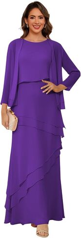 Women’s 2 Pieces Chiffon Mother of The Bride Dress with Long Sleeve Jacket Long Formal Dress with Ruffles LIN014 in Saudi Arabia