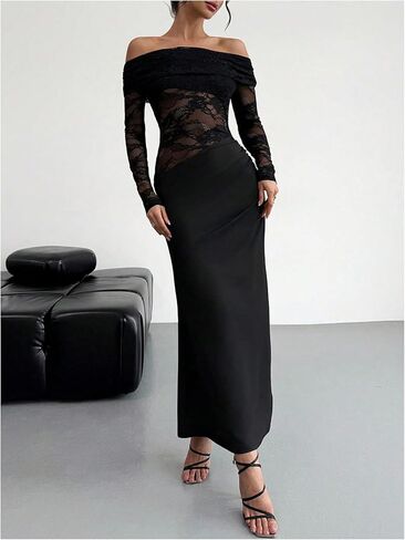 GORGLITTER Women's Lace Off The Shoulder Patchwork Maxi Dress Elegant Classy Fall Festival Y2K Long Sleeve Gothic Dress in Saudi Arabia