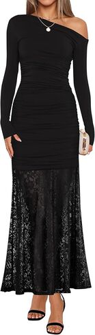 ZESICA Women's Long Sleeve Off Shoulder Bodycon Dresses Fall 2026 Ruched Lace Wedding Guest Cocktail Formal Maxi Dress in Saudi Arabia