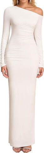 One Shoulder Long Sleeve Maxi Dress Bodycon Ruched for Women 2025 Fall Wedding Guest Formal Dresses in Saudi Arabia