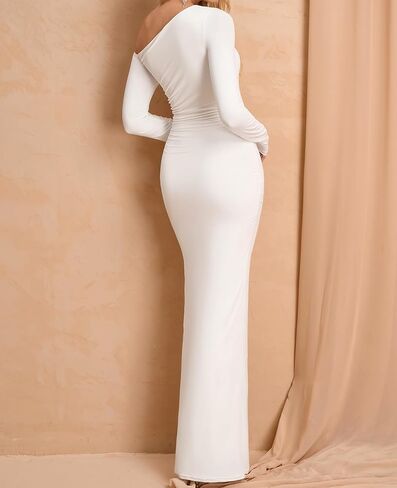 One Shoulder Long Sleeve Maxi Dress Bodycon Ruched for Women 2025 Fall Wedding Guest Formal Dresses in Saudi Arabia