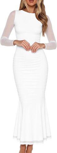 BORIFLORS Women's Sexy Ruched Bodycon Long Formal Dresses Mesh Long Sleeve Cocktail Party Maxi Dress in Saudi Arabia