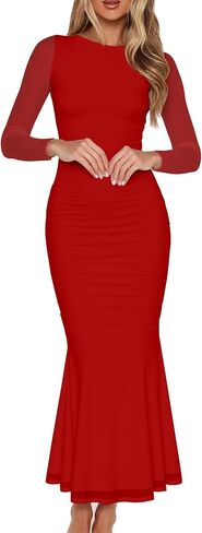 BORIFLORS Women's Sexy Ruched Bodycon Long Formal Dresses Mesh Long Sleeve Cocktail Party Maxi Dress in Saudi Arabia