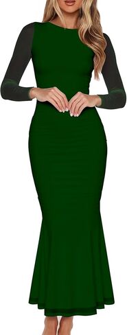 BORIFLORS Women's Sexy Ruched Bodycon Long Formal Dresses Mesh Long Sleeve Cocktail Party Maxi Dress in Saudi Arabia