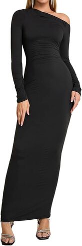 One Shoulder Long Sleeve Maxi Dress Bodycon Ruched for Women 2025 Fall Wedding Guest Formal Dresses in Saudi Arabia