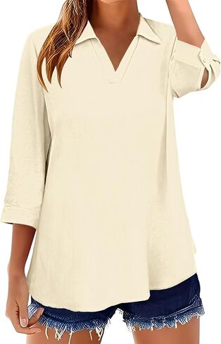 LOMON Womens 3/4 Sleeve Tops V Neck Cotton Linen Work Blouse Collared Shirts for Women Business Casual 2026 Spring in Saudi Arabia