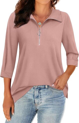 3/4 Length Sleeve Womens Tops, V Neck T Shirts Zipper Collar Work Blouses for Women Dressy Casual Polo Shirts Fall Top in Saudi Arabia