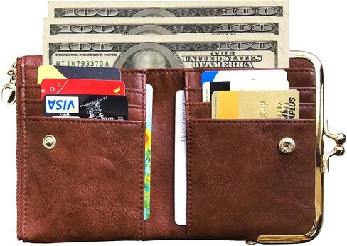 Small Bifold Genuine Leather Wallet for Women Vintage Mini Coin Purse with Zipper and Kiss Lock (Brown) in Saudi Arabia