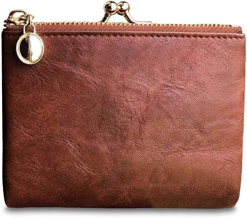 Small Bifold Genuine Leather Wallet for Women Vintage Mini Coin Purse with Zipper and Kiss Lock (Brown) in Saudi Arabia