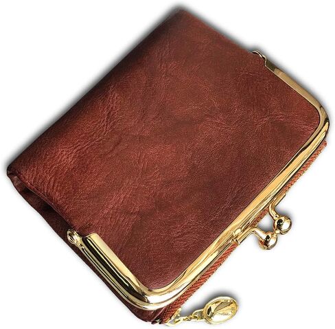 Small Bifold Genuine Leather Wallet for Women Vintage Mini Coin Purse with Zipper and Kiss Lock (Brown) in Saudi Arabia