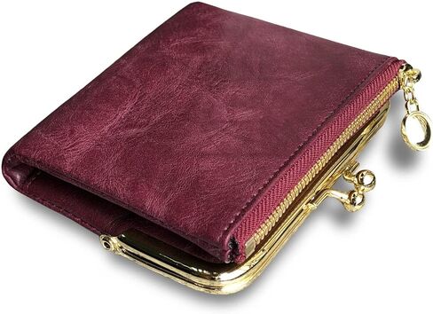 Small Bifold Genuine Leather Wallet for Women Vintage Mini Coin Purse with Zipper and Kiss Lock (Brown) in Saudi Arabia