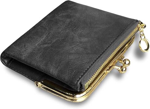 Small Bifold Genuine Leather Wallet for Women Vintage Mini Coin Purse with Zipper and Kiss Lock (Brown) in Saudi Arabia