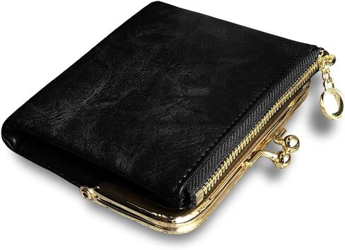 Small Bifold Genuine Leather Wallet for Women Vintage Mini Coin Purse with Zipper and Kiss Lock (Brown) in Saudi Arabia