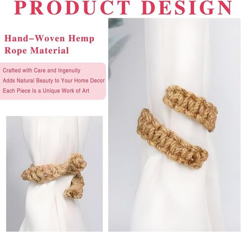 6Pcs Braided Curtain Tiebacks for Drapes, Rustic Curtain Holdbacks, Handmade Rope Curtains TieBacks for Sheer & Lightweight Curtains, No Hardware Needed in Saudi Arabia