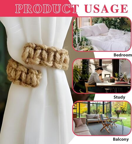 6Pcs Braided Curtain Tiebacks for Drapes, Rustic Curtain Holdbacks, Handmade Rope Curtains TieBacks for Sheer & Lightweight Curtains, No Hardware Needed in Saudi Arabia