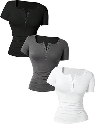 OYOANGLE Girl's 3 Pack Short Sleeve Henley Shirts Button Front Slim Fitted Solid Summer Casual Tshirts in Saudi Arabia