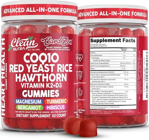 Clean Nutra CoQ10 Gummies Red Yeast Rice Hawthorn K2 Vitamin Supplement Magnesium Glycinate Turmeric Citrus Bergamot Hibiscus VIT D K Fenugreek Garlic Supplements Heart Support Gummy 60ct in Saudi Arabia
