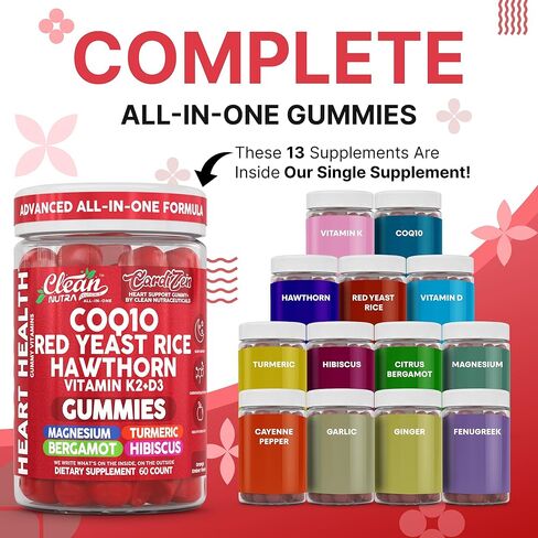 Clean Nutra CoQ10 Gummies Red Yeast Rice Hawthorn K2 Vitamin Supplement Magnesium Glycinate Turmeric Citrus Bergamot Hibiscus VIT D K Fenugreek Garlic Supplements Heart Support Gummy 60ct in Saudi Arabia