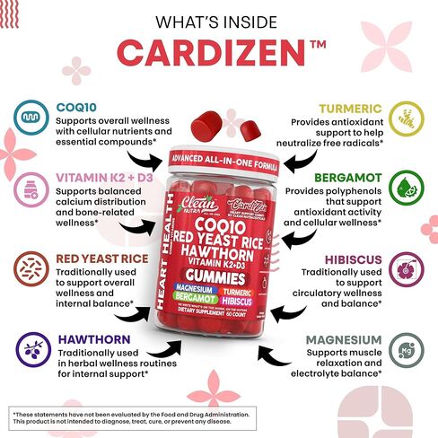 Clean Nutra CoQ10 Gummies Red Yeast Rice Hawthorn K2 Vitamin Supplement Magnesium Glycinate Turmeric Citrus Bergamot Hibiscus VIT D K Fenugreek Garlic Supplements Heart Support Gummy 60ct in Saudi Arabia