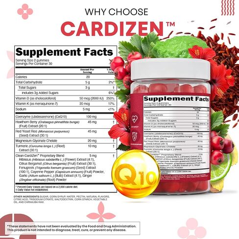 Clean Nutra CoQ10 Gummies Red Yeast Rice Hawthorn K2 Vitamin Supplement Magnesium Glycinate Turmeric Citrus Bergamot Hibiscus VIT D K Fenugreek Garlic Supplements Heart Support Gummy 60ct in Saudi Arabia