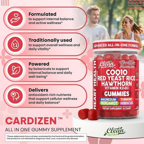Clean Nutra CoQ10 Gummies Red Yeast Rice Hawthorn K2 Vitamin Supplement Magnesium Glycinate Turmeric Citrus Bergamot Hibiscus VIT D K Fenugreek Garlic Supplements Heart Support Gummy 60ct in Saudi Arabia