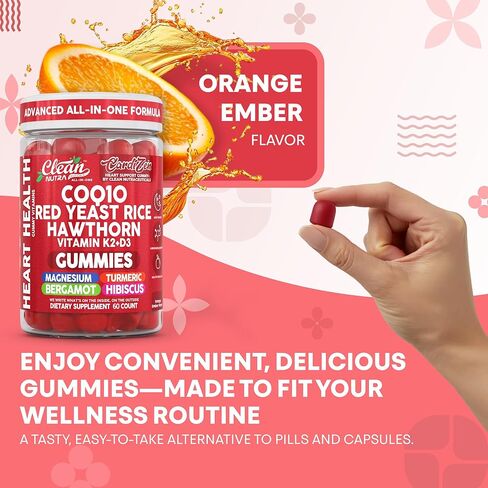 Clean Nutra CoQ10 Gummies Red Yeast Rice Hawthorn K2 Vitamin Supplement Magnesium Glycinate Turmeric Citrus Bergamot Hibiscus VIT D K Fenugreek Garlic Supplements Heart Support Gummy 60ct in Saudi Arabia