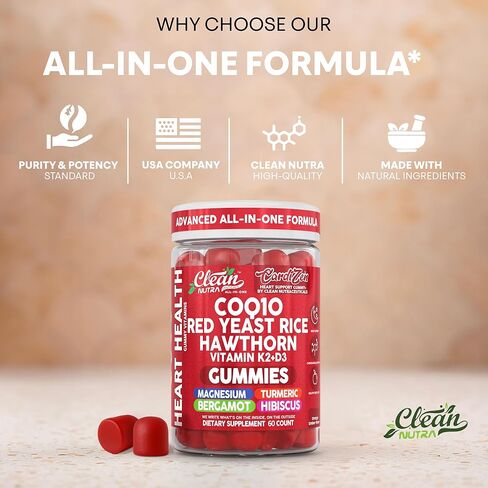 Clean Nutra CoQ10 Gummies Red Yeast Rice Hawthorn K2 Vitamin Supplement Magnesium Glycinate Turmeric Citrus Bergamot Hibiscus VIT D K Fenugreek Garlic Supplements Heart Support Gummy 60ct in Saudi Arabia