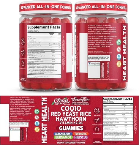 Clean Nutra CoQ10 Gummies Red Yeast Rice Hawthorn K2 Vitamin Supplement Magnesium Glycinate Turmeric Citrus Bergamot Hibiscus VIT D K Fenugreek Garlic Supplements Heart Support Gummy 60ct in Saudi Arabia