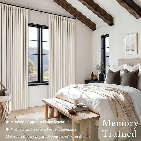 90 بوصة قرصة مطوي ستائر التعتيم الكتان لغرفة النوم 2 لوحات الذاكرة المدربة 100٪ أسود خارج عازلة للصوت غرفة سواد الطبيعية كريم العاج البتولا نافذة الستائر طبقة مزدوجة قرصة الطيات الستائر in Kuwait