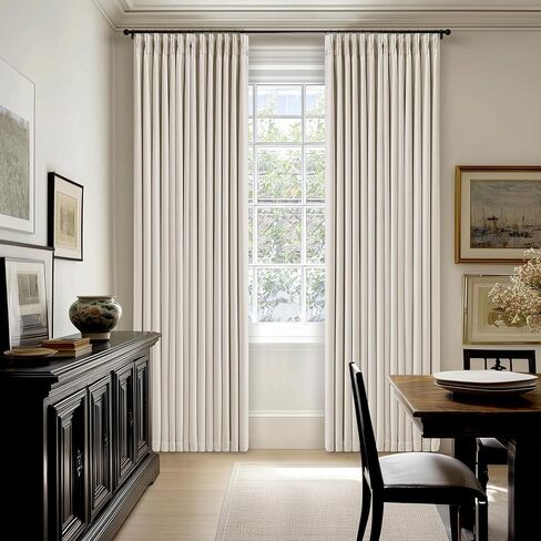 90 بوصة قرصة مطوي ستائر التعتيم الكتان لغرفة النوم 2 لوحات الذاكرة المدربة 100٪ أسود خارج عازلة للصوت غرفة سواد الطبيعية كريم العاج البتولا نافذة الستائر طبقة مزدوجة قرصة الطيات الستائر in Kuwait