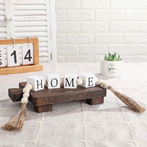 Wood Letter Block Bead Garland with Tassels Home Blessed Farmhouse Decorative Beaded Garland Decor for Living Room Coffee Bar Tabletop Mantel Shelf Tiered Tray Decor, 23 Inch(Home) in Saudi Arabia