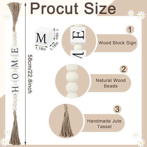 Wood Letter Block Bead Garland with Tassels Home Blessed Farmhouse Decorative Beaded Garland Decor for Living Room Coffee Bar Tabletop Mantel Shelf Tiered Tray Decor, 23 Inch(Home) in Saudi Arabia