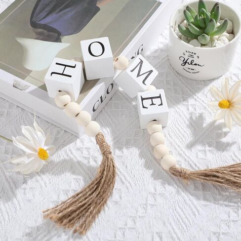 Wood Letter Block Bead Garland with Tassels Home Blessed Farmhouse Decorative Beaded Garland Decor for Living Room Coffee Bar Tabletop Mantel Shelf Tiered Tray Decor, 23 Inch(Home) in Saudi Arabia