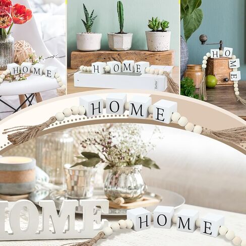 Wood Letter Block Bead Garland with Tassels Home Blessed Farmhouse Decorative Beaded Garland Decor for Living Room Coffee Bar Tabletop Mantel Shelf Tiered Tray Decor, 23 Inch(Home) in Saudi Arabia