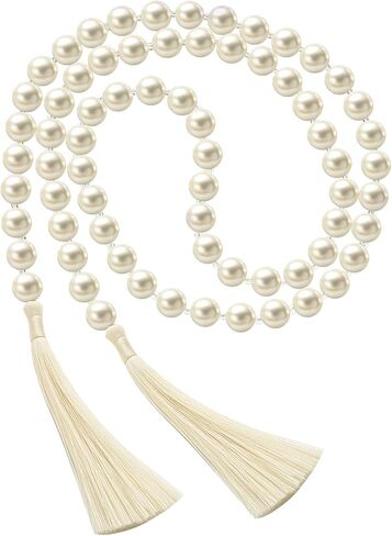 Quelay 58 Inch Pearl Glass Bead Garland 16mm with Tassels Elegant Boho Wedding Table Decor Prayer Healing Bead Fringe Wall Shelf Hanging for Wedding Party Farmhouse Rustic Home Decoration in Saudi Arabia